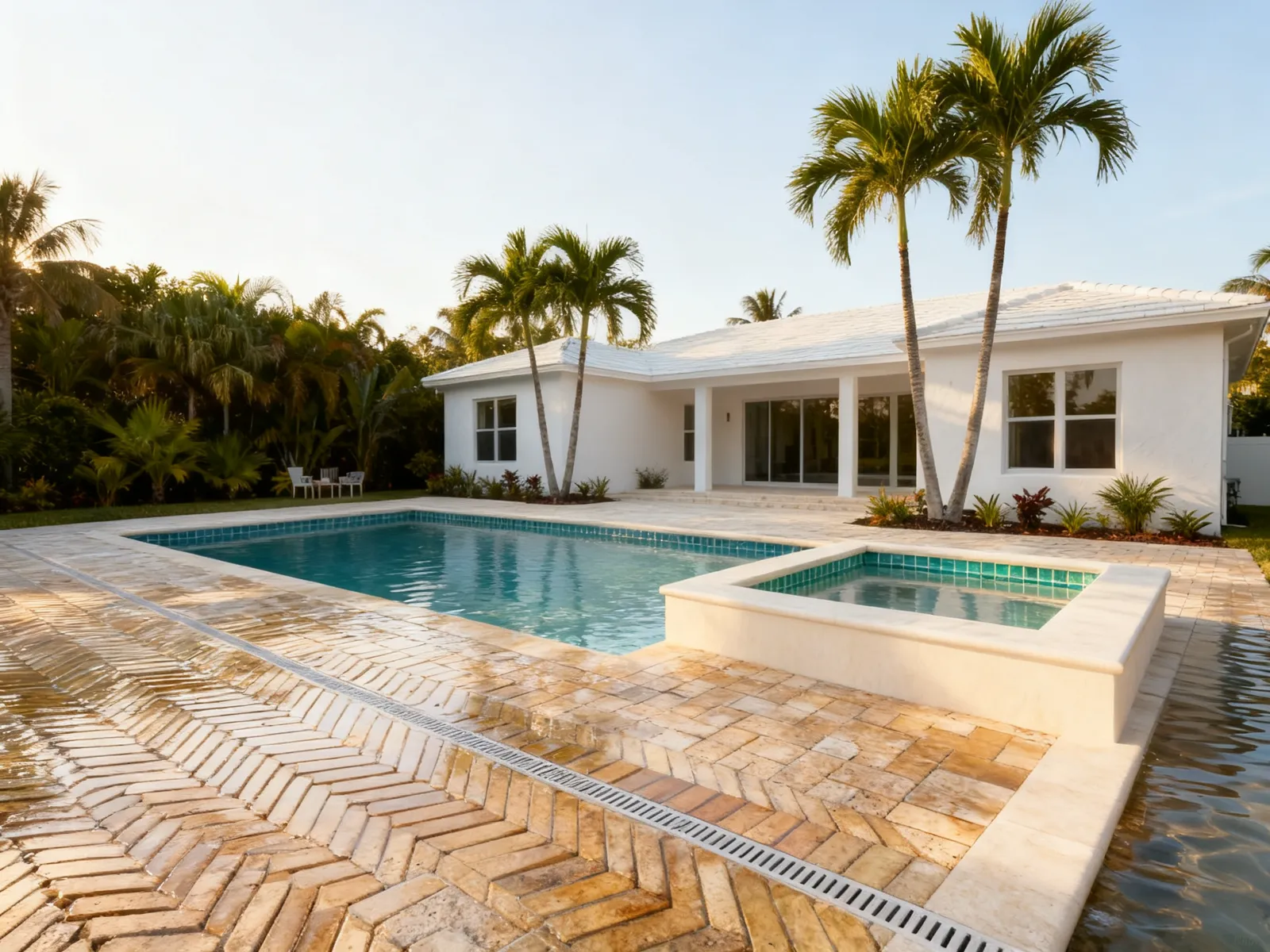 Herringbone travertine paver deck installed around a renovated pool and spa
