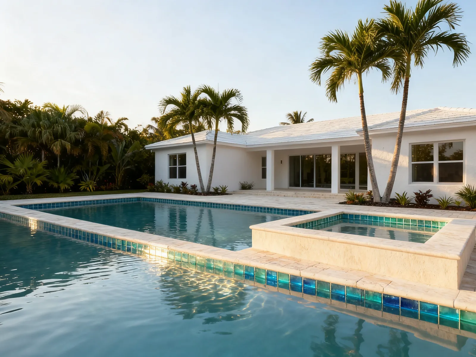 Iridescent glass waterline tile and travertine coping on a remodeled Sarasota pool