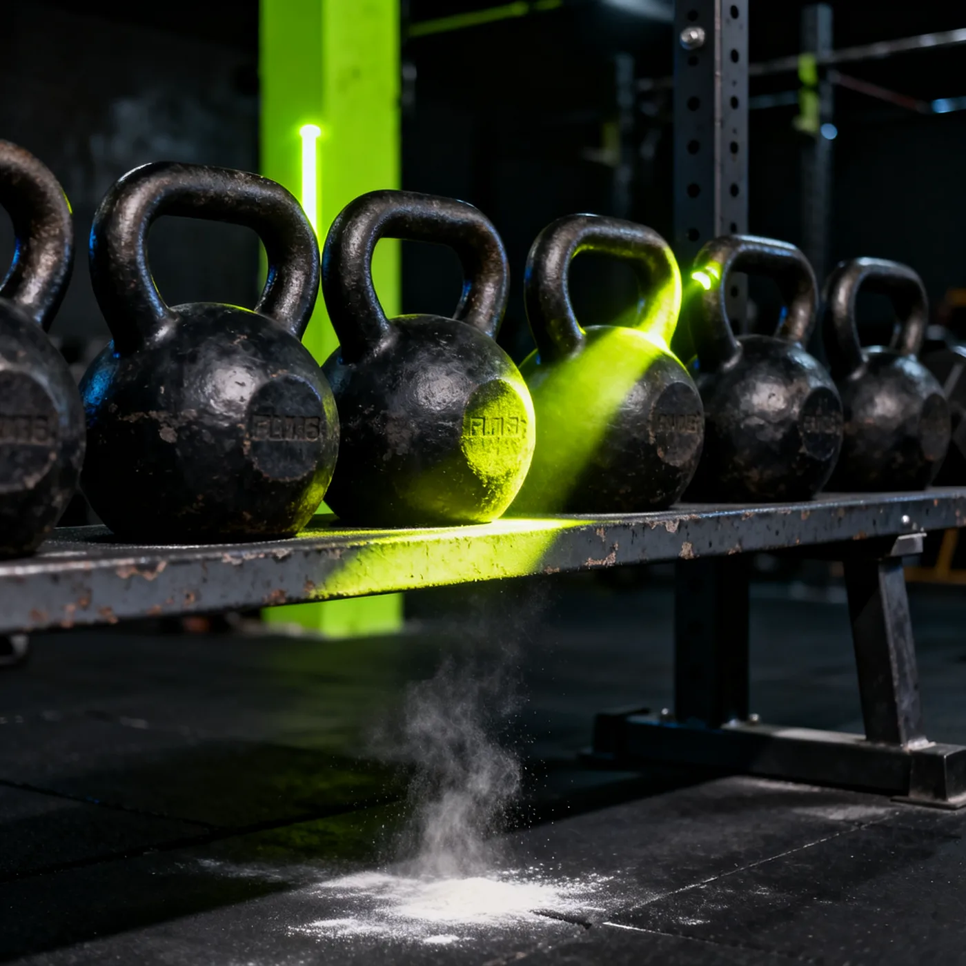Kettlebells en estante de acero