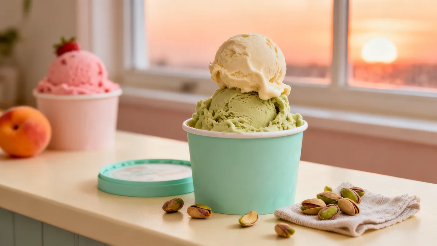 Pistachio pint with a fresh scoop and roasted pistachios