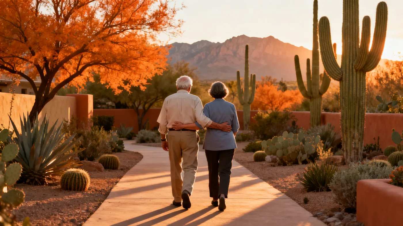 Companion care — a caregiver and a senior walking through a Tucson desert garden at sunset