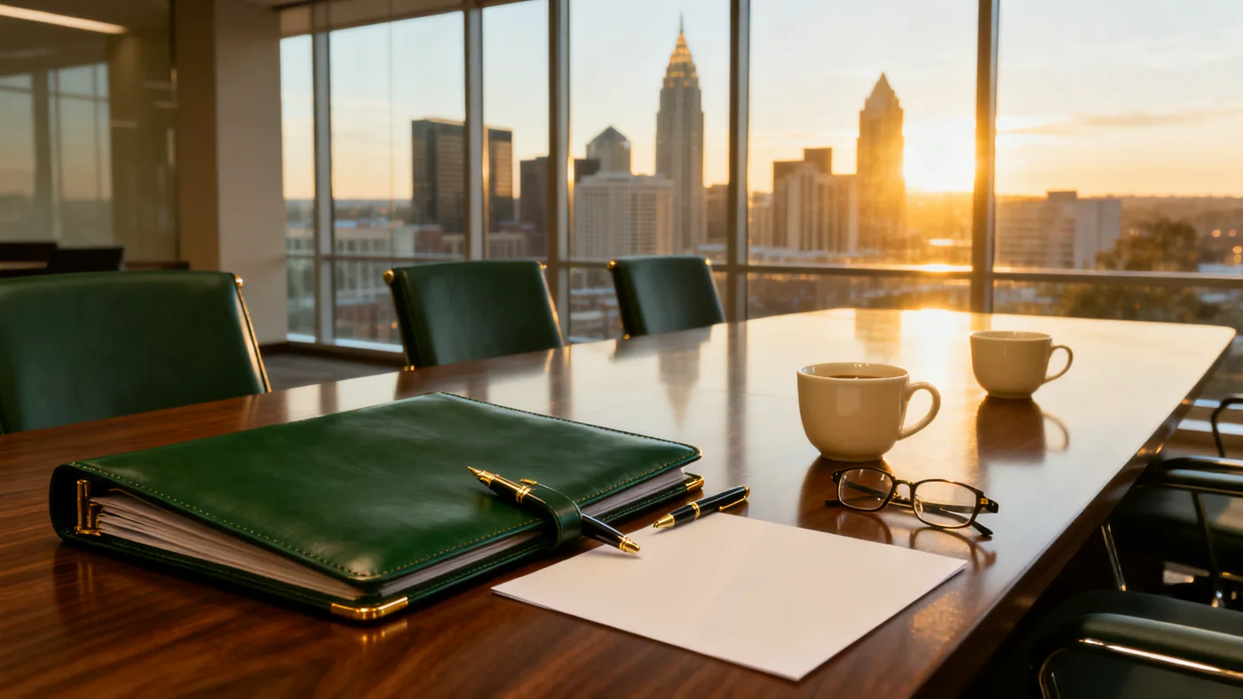 Green leather portfolio and fountain pen on a conference table overlooking the Atlanta skyline
