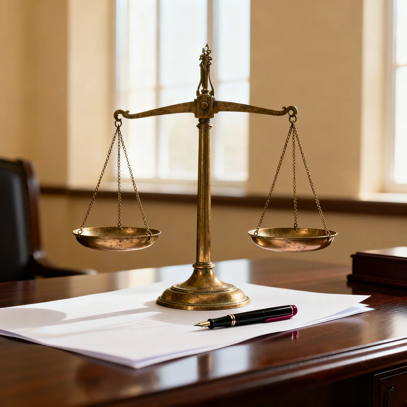 Antique brass scales of justice on a walnut desk