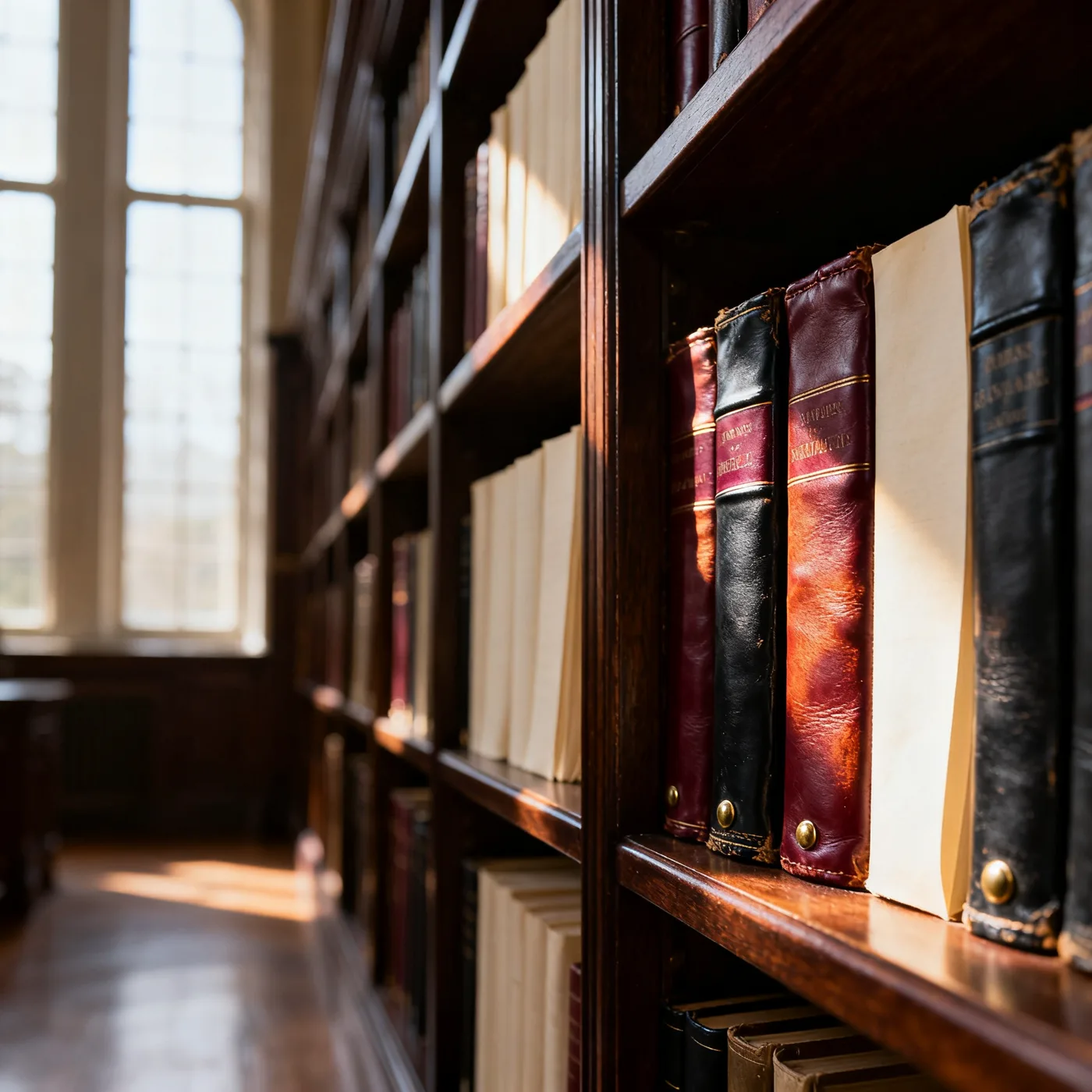 Walnut shelves of aged leather book spines
