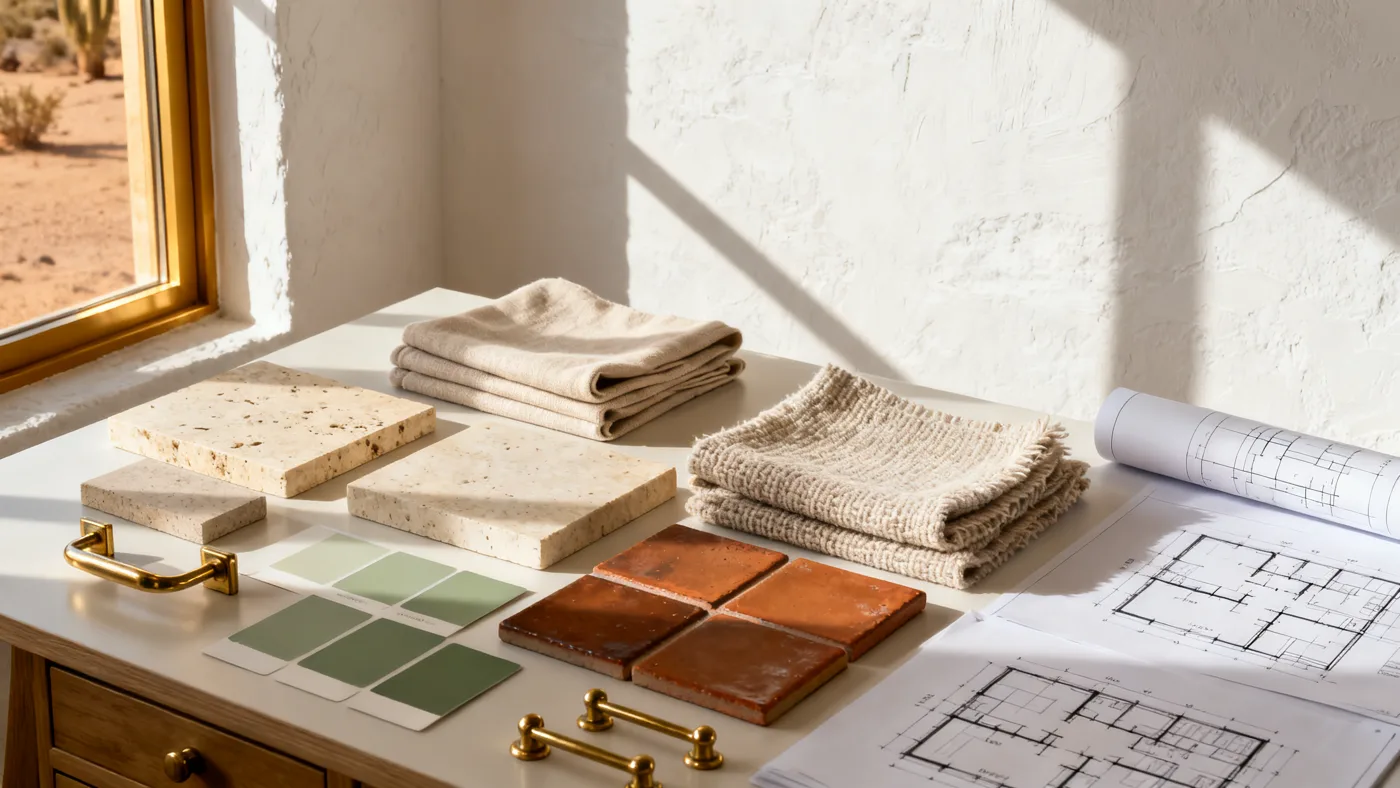 LINEA material palette in progress — travertine, linen, clay tile, sage paint and brass on the studio worktable