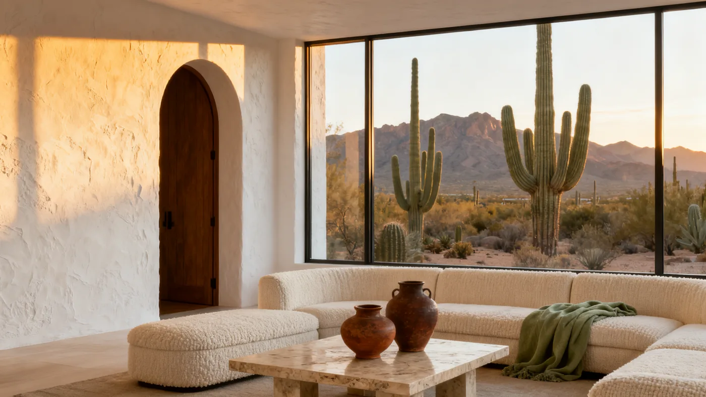 Desert modern living room by LINEA Interiors in Scottsdale — white plaster walls, arched doorway, bouclé sofa and saguaro view at golden hour