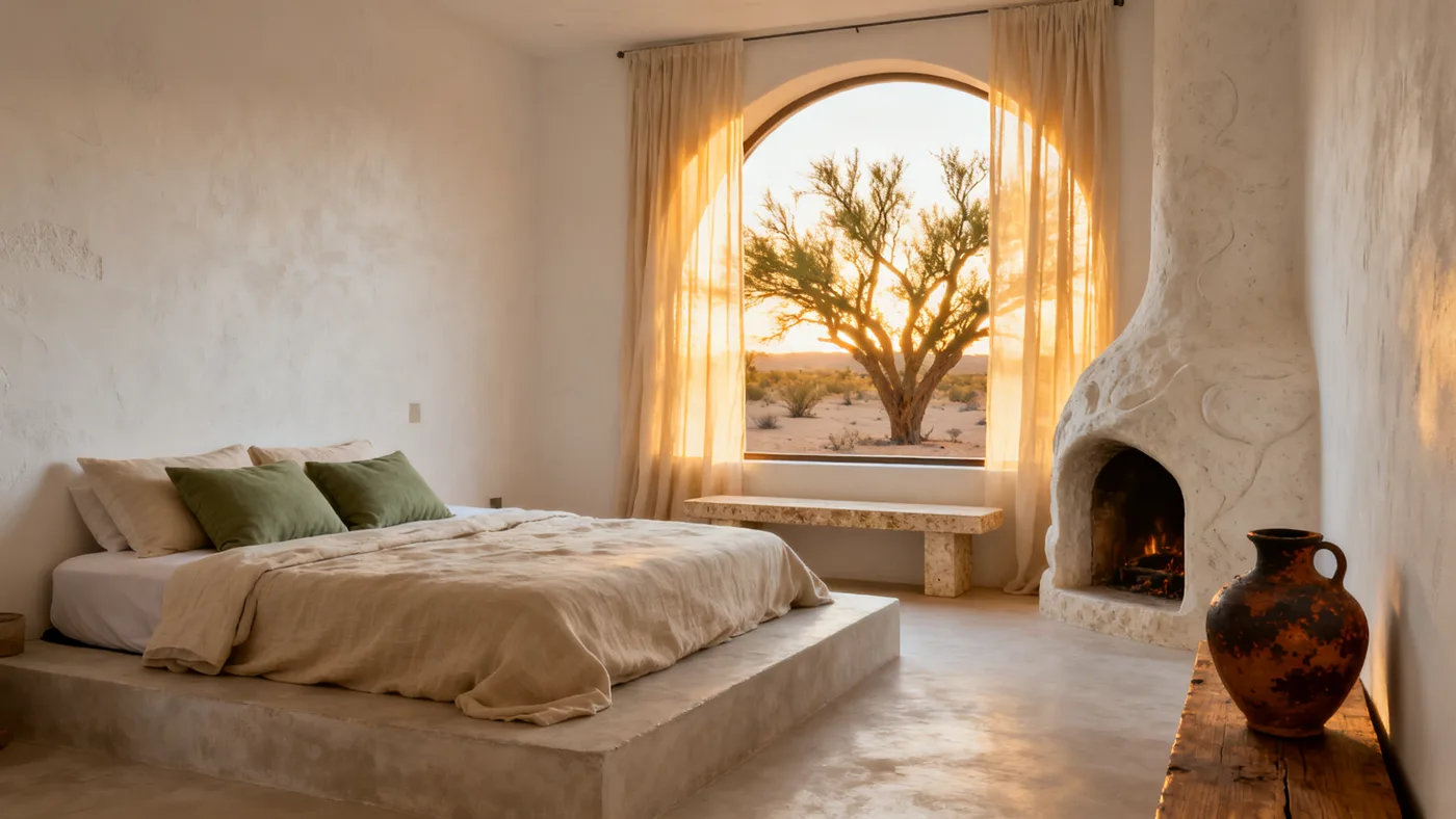 Primary bedroom of Casa Saguaro — plaster fireplace, linen bed and arched window glowing at golden hour