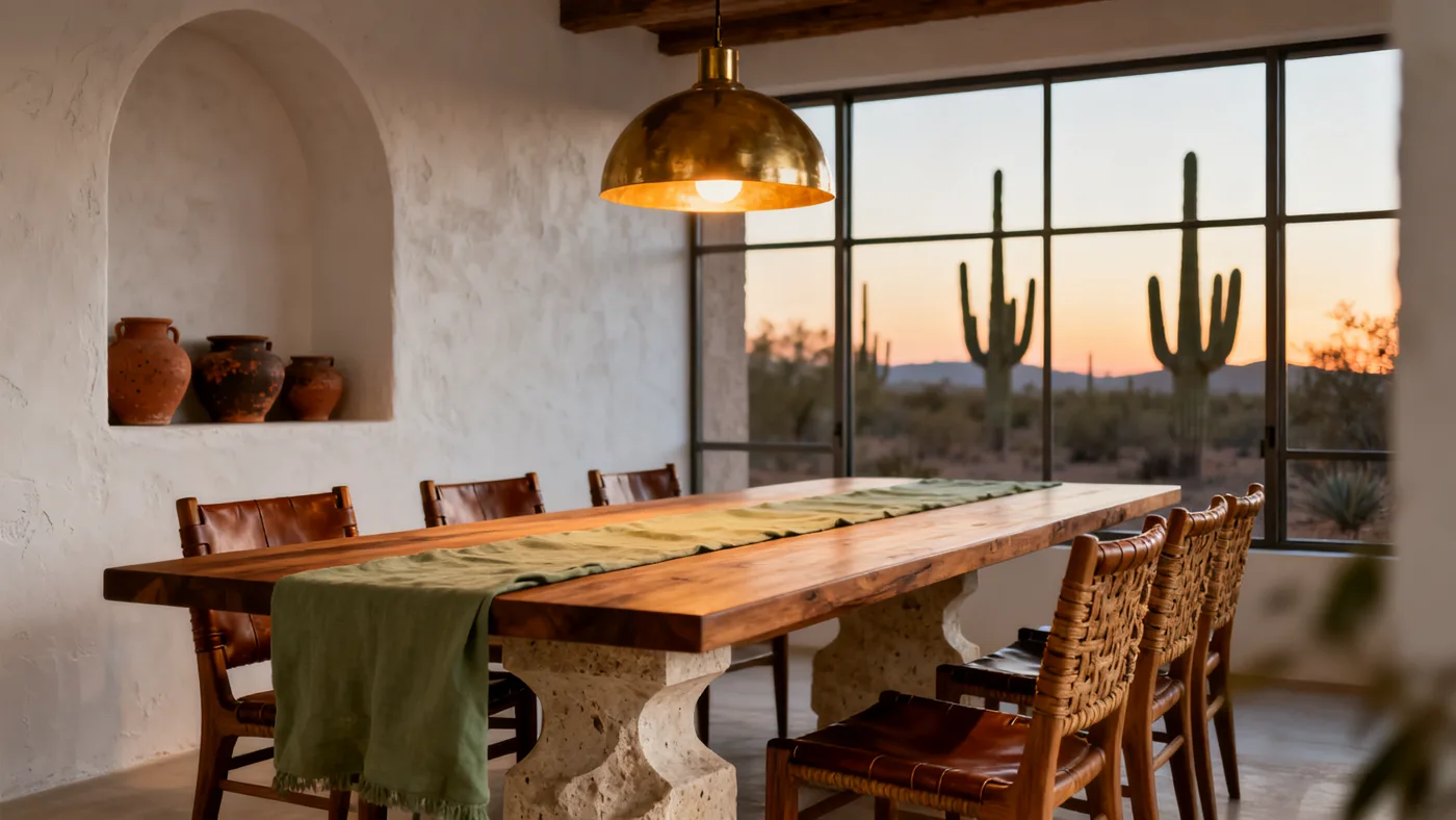 Dining room of Vista Mesa — arched niche with clay ceramics, oak table and brass pendant at dusk