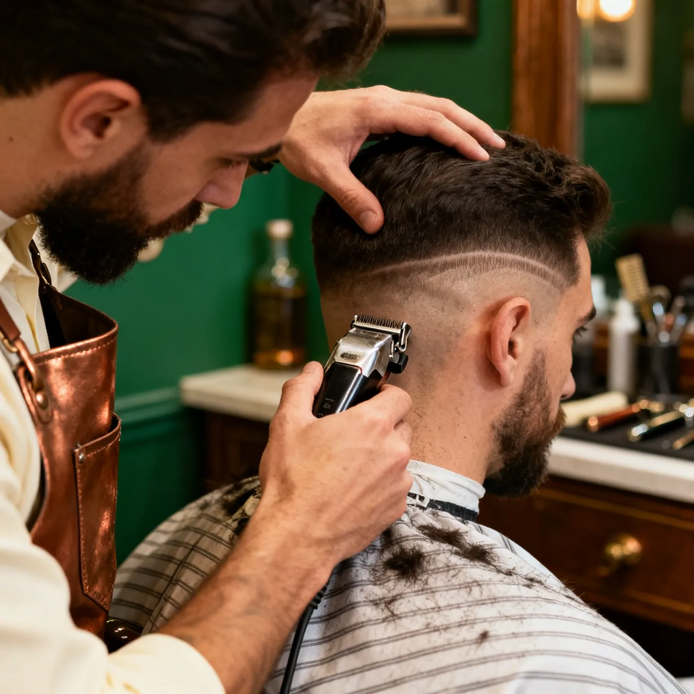Barbero trazando un degradado con máquina vintage