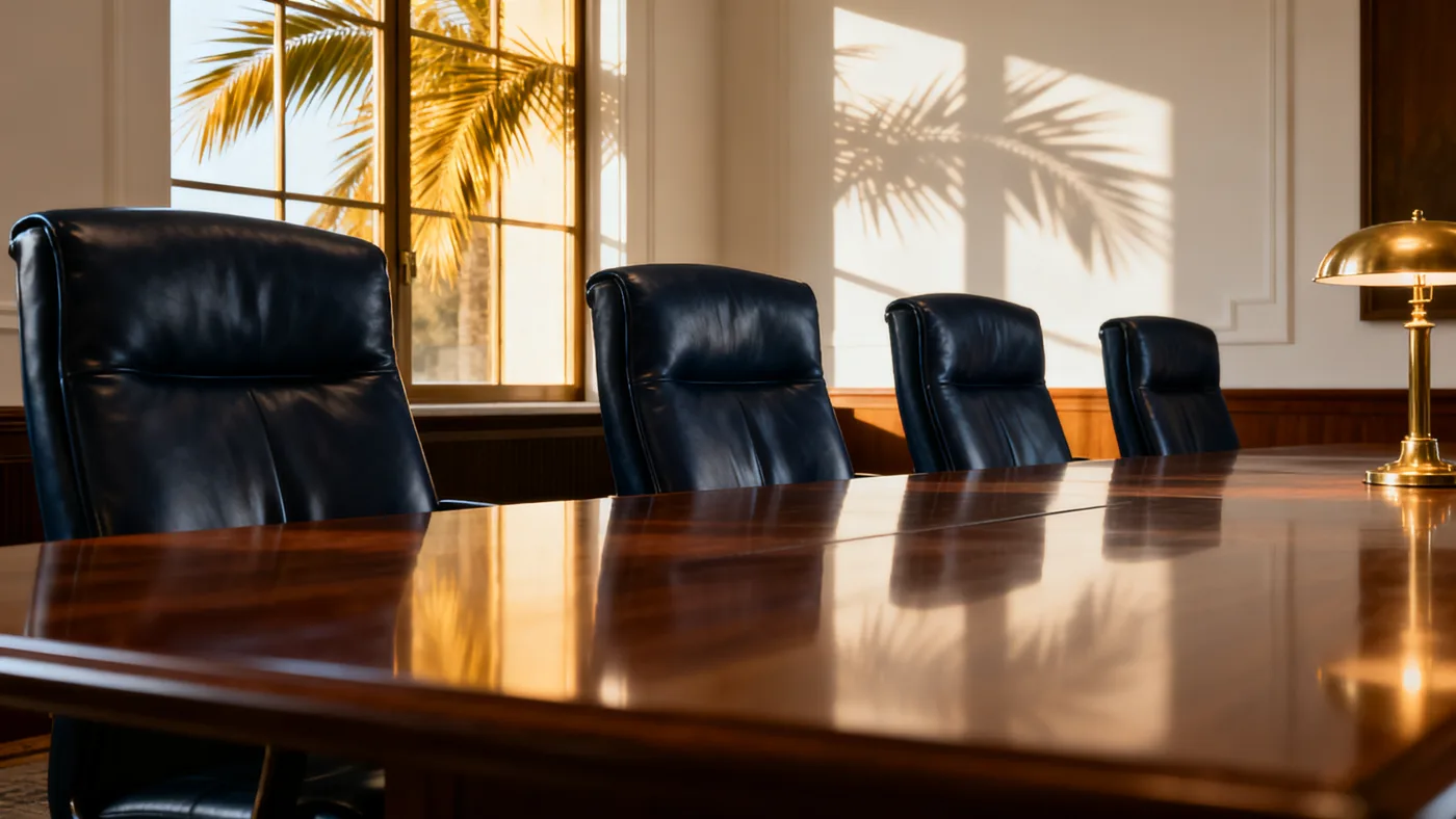 The PUENTE Law meeting room — navy leather chairs, walnut table, warm Miami light