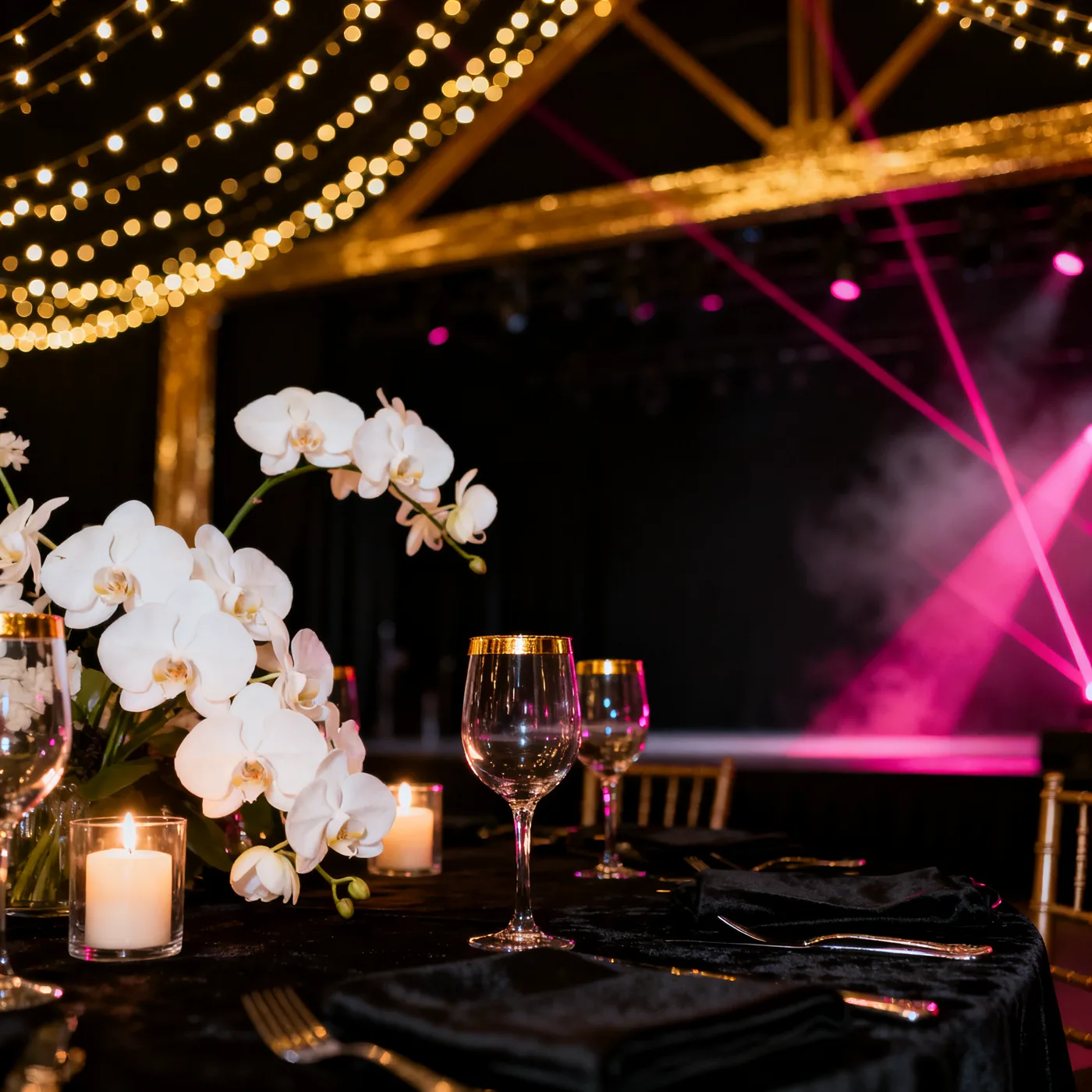 Boda nocturna con luces doradas