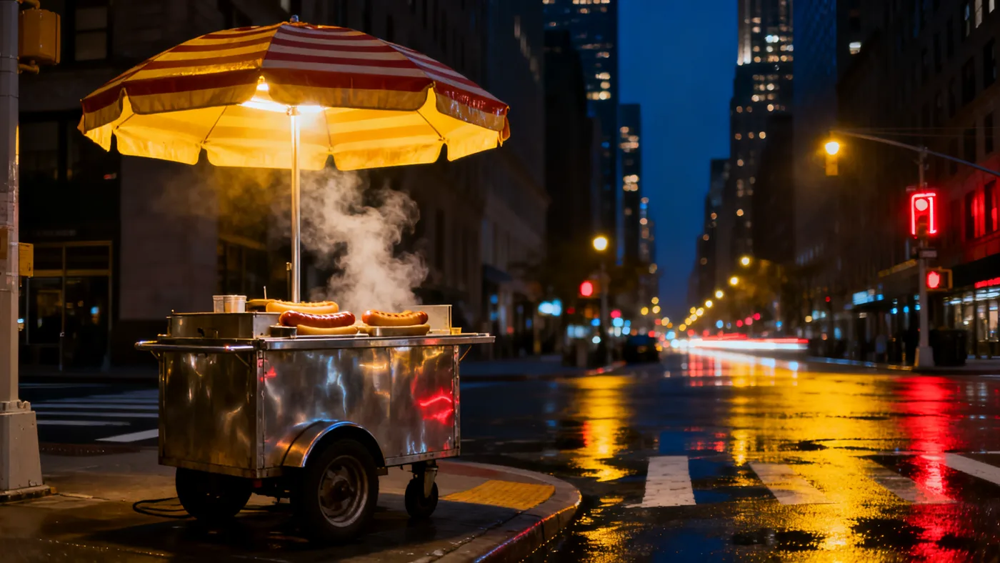 The RELISH stainless steel cart steaming on a New York corner at night