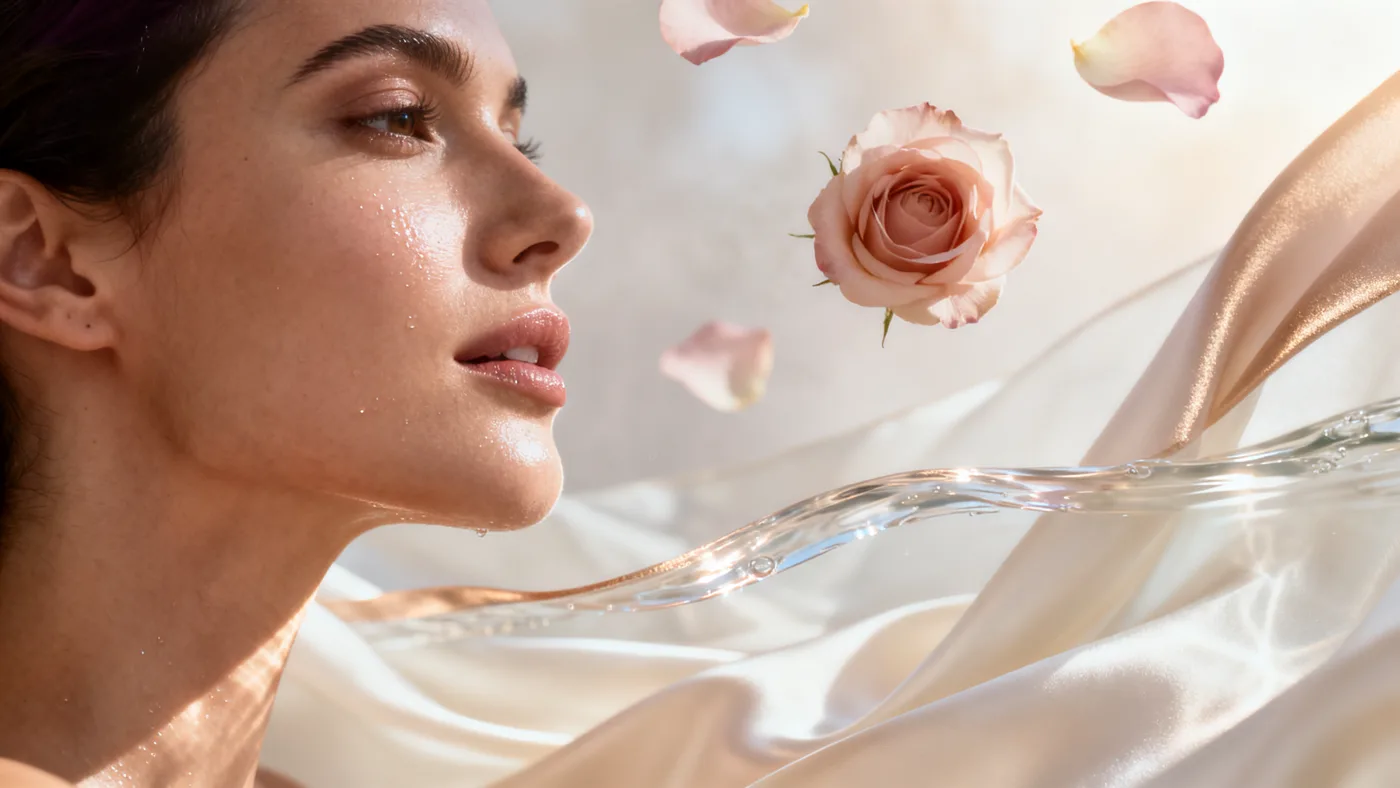 Luminous skin with silk and rose petals