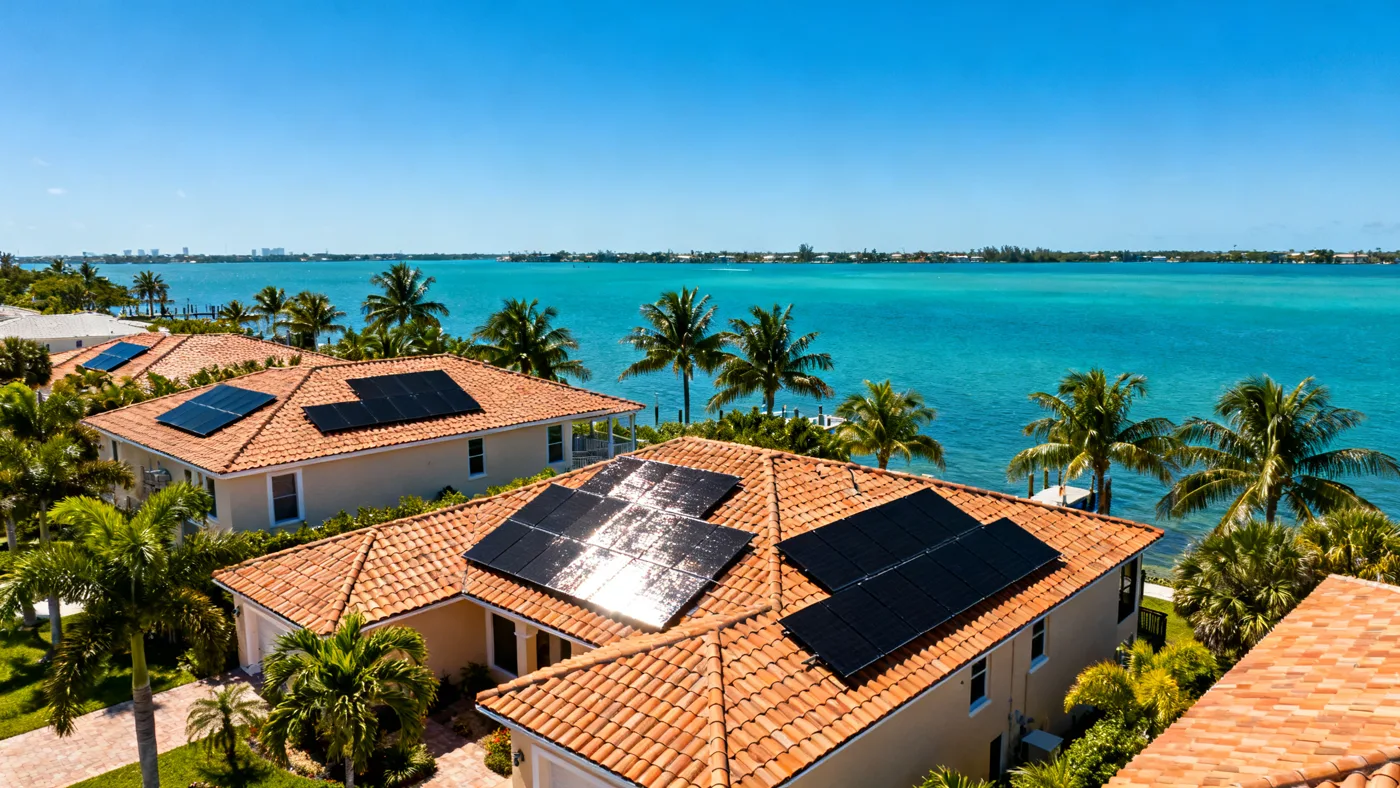 Aerial view of solar arrays across a St. Petersburg waterfront neighborhood