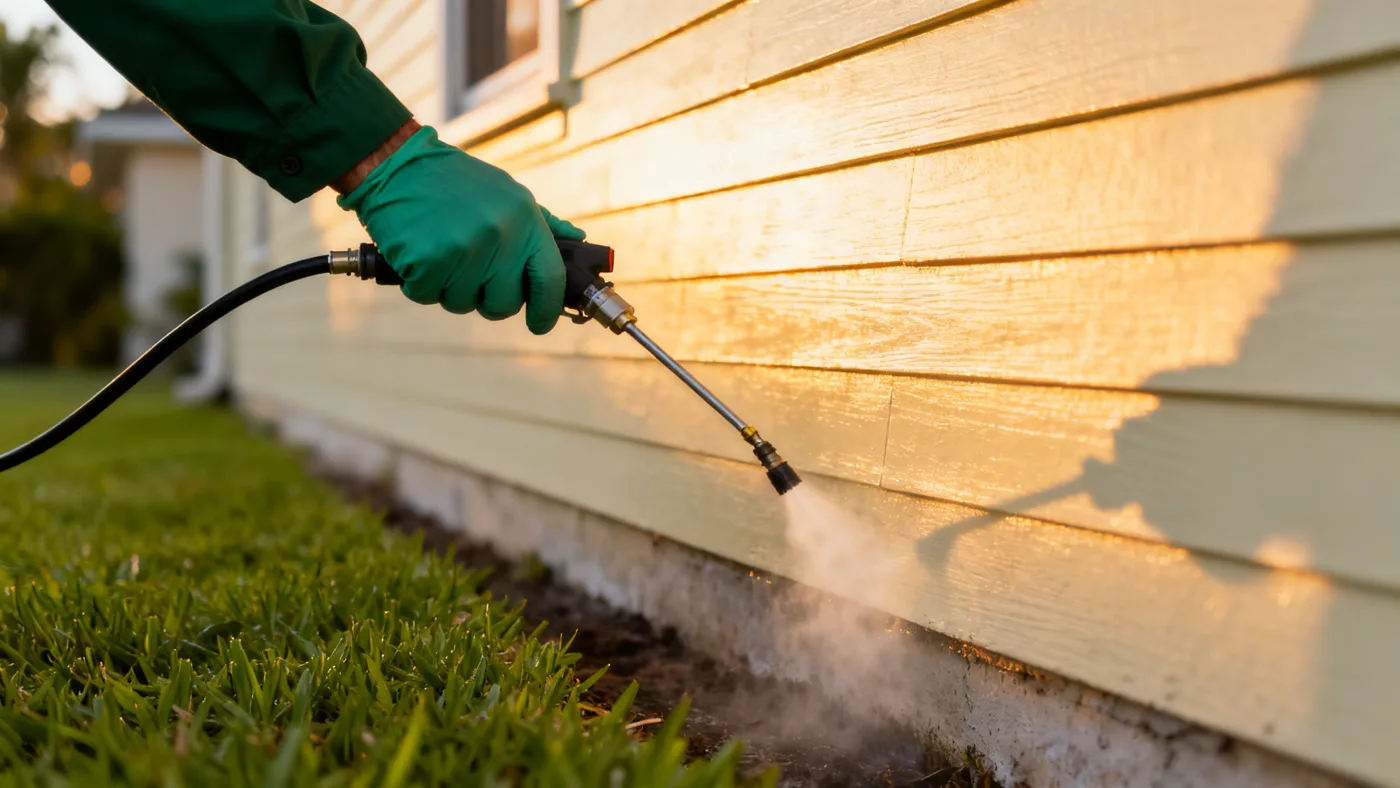 A TALON technician applying a precise barrier treatment along a home's foundation at golden hour