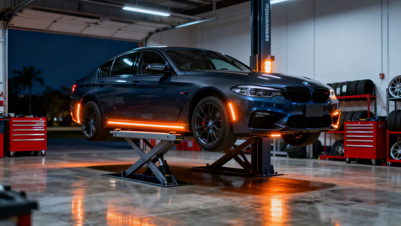 Sedan raised on a two-post lift inside TORQUE Auto Repair, Orlando FL
