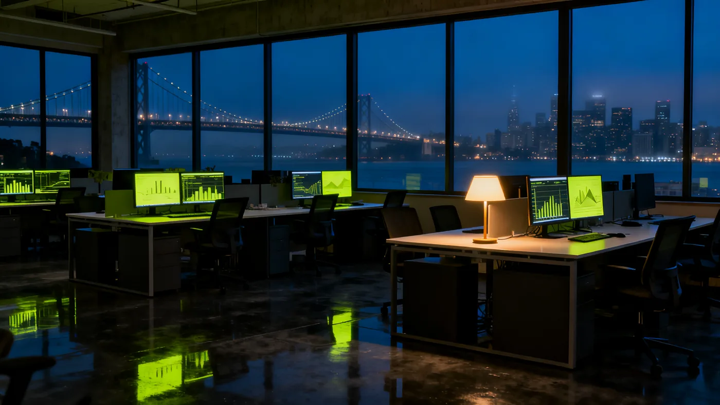 San Francisco startup office at night, monitors glowing with live dashboards over the Bay Bridge